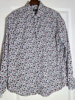 Express Men’s White Floral Button-Down Shirt with Multicolor Print